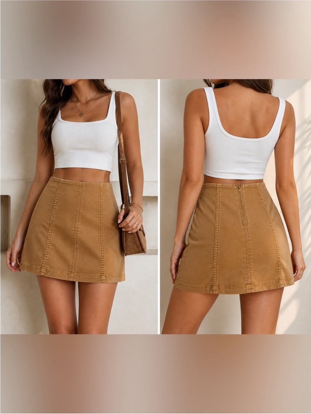 Free People Modern Femme Tan A-Line Cotton Blend Mini Skirt